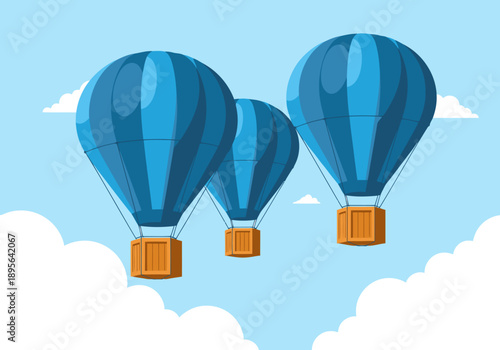 Three hot air balloons deliver cargo through the sky. A vibrant, modern illustration perfect for delivery, logistics, and travel themes.