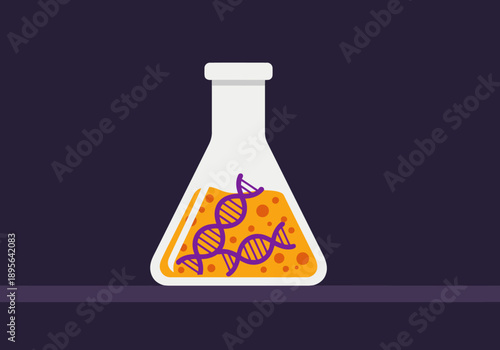 A vibrant bio lab flask contains DNA strands within orange liquid.  ?Bio Lab? and ?Pollen Research? text overlays. Modern, clean design. Ideal for science, biology, or health concepts.