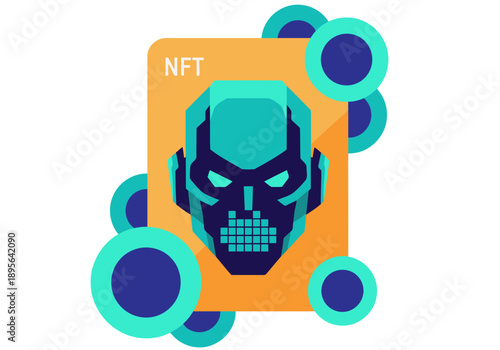A vibrant digital NFT card featuring a skull icon with glowing rings. Bold colors and modern design create a striking collectible image. Suitable for tech and gaming themes.