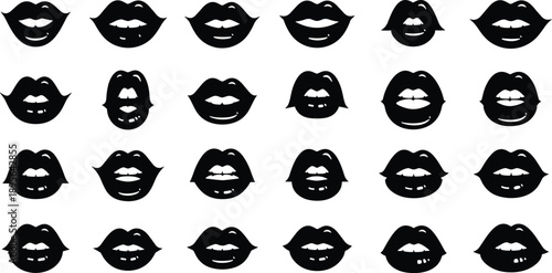 Collection of Female Lip Silhouette Vector Illustration Set, Different Sexy Mouth Shapes with Teeth for Beauty Makeup Cosmetics Passion Kiss and Fashion Branding