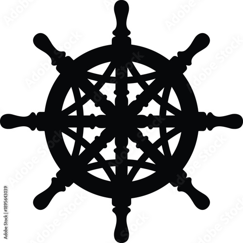 Nautical ship wheel silhouette with classic maritime helm design, black and white compass style illustration isolated on white background for vector navigation theme