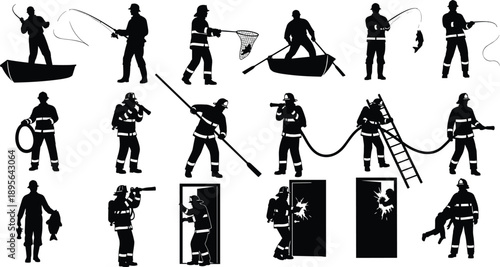Collection of Firefighter and Fisherman Silhouette Vector Illustration Set, Rescue Emergency Services and Hobby Fishing Scenes for Professional Safety and Outdoor Lifestyle Graphic Design,