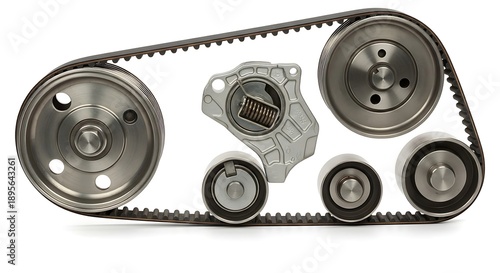 Intricate engine timing belt system with sprockets and tensioner