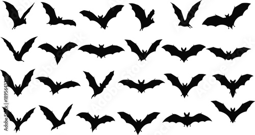Collection of Flying Bat Silhouette Vector Illustration Set, Different Wild Animals for Halloween Celebration Horror Night Spooky Nature and Gothic Graphic Design Elements,