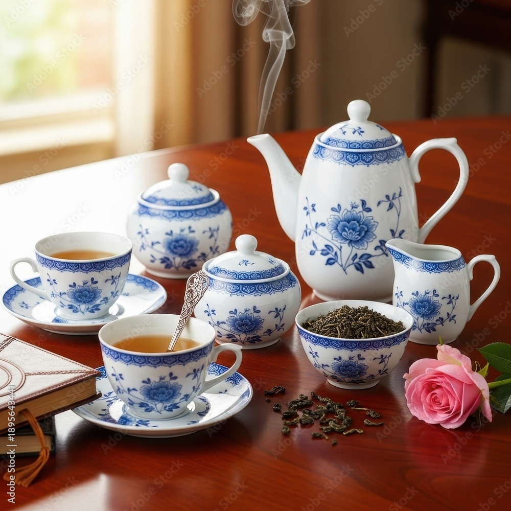 Fototapeta premium Elegant Tea Set with Steaming Tea and Rose on Table.
