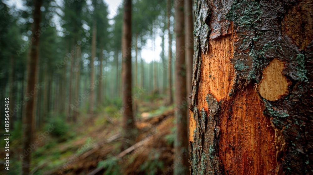 Fototapeta premium Forestry industry sustainable selective logging with marked on blurred background