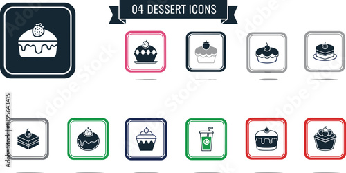 Collection of dessert icons in various colors and designs displayed on a white background