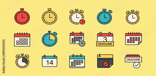 Collection of time management icons featuring clocks, calendars, and planners on a bright background.