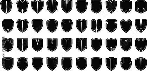 Collection of Forty Shield Silhouette Vector Illustration Set Featuring Diverse Heraldic Crests and Protection Badge Shapes for Security Branding Military Logos and Graphic Design,