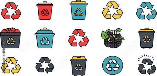 Collection of colorful recycling and hazardous waste disposal icons displayed