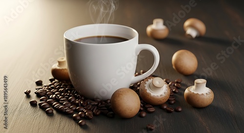 Steaming cup of coffee surrounded by mushrooms and beans