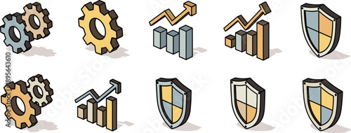 Collection of business icons representing security, growth, and mechanics in a simple, modern, flat design style on a plain background from a straightforward viewpoint