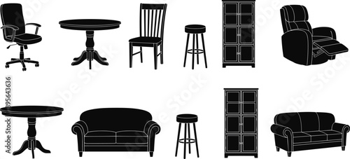 Collection of Furniture Silhouette Vector Illustration Set, Different Home Interior Elements Including Chairs Tables Sofas Armchairs Cabinets and Bar Stools for House Decor Design