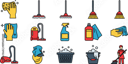 Collection of cleaning icons featuring various tools and supplies for household chores and maintenance tasks