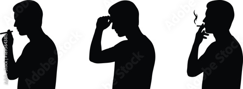 Black silhouette men smoking cigarettes in profile poses, minimal flat vector illustration symbolizing addiction, stress, nicotine habit, isolated on white background concept design