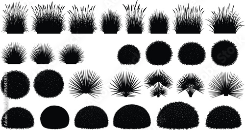 Black silhouette grass bushes and shrubs collection isolated landscaping plants set for garden design architecture plan vector illustration