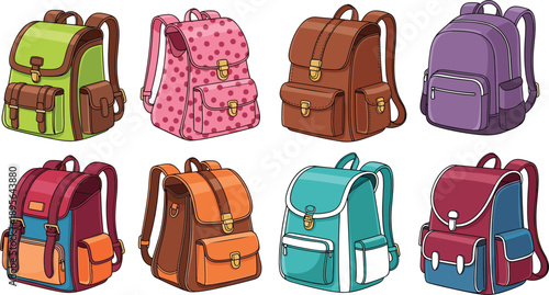 Colorful backpack collection with stylish school bags and travel rucksacks isolated on white for students education fashion vector illustration