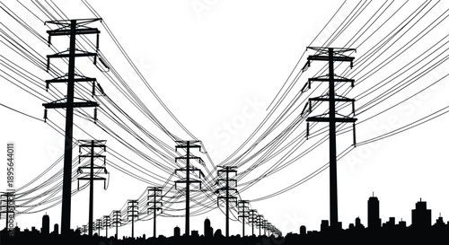 High voltage transmission towers and power lines over city skyline silhouette illustrating electricity grid energy infrastructure industrial vector