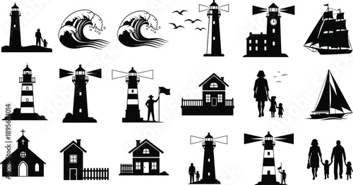 Collection of Lighthouse Silhouette Vector Illustration Set, Coastal Nautical Elements Including Ocean Waves Sailing Ships Beach Houses and Families for Maritime Graphic Design