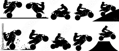 ATV quad bike silhouette action set showing extreme off road riding, jumps, stunts and racing scenes, motorsport vehicle illustrations isolated on white background