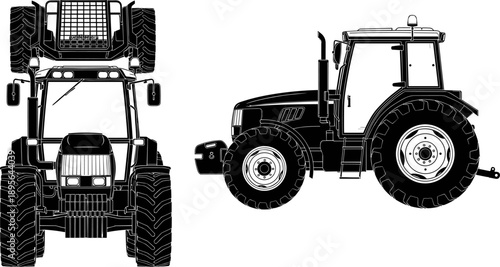 Agricultural tractor technical illustration showing front and side views farm machinery silhouette black vector design isolated on white background detailed modern equipment