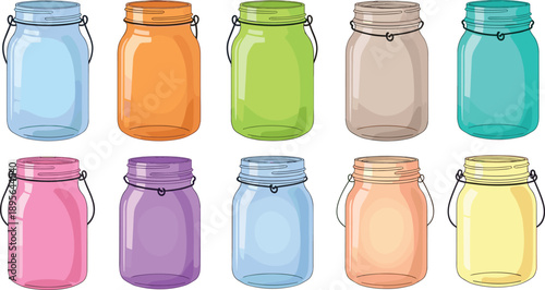 Colorful transparent mason jars collection with decorative glass containers for crafts, storage, home decor, DIY projects, and creative design elements