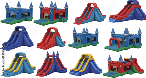 Inflatable bouncy castles and slides playground equipment collection for kids party rental amusement park entertainment colorful vector illustration