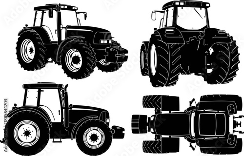 Black tractor silhouette collection showing agricultural farm machinery, modern farming vehicles in multiple views, rural industry, equipment illustration isolated on white background