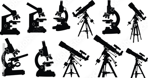 Collection of Microscope and Telescope Silhouette Vector Illustration Set, Different Scientific Laboratory Equipment for Biology Research Astronomy Observation and Education Graphic Design,