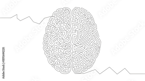 Intricate brain illustration with geometric maze pattern and jagged mountain silhouettes.