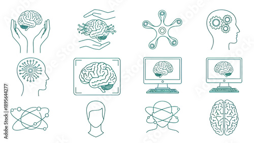 Collection of science icons illustrating brain, globe, atoms, computers, and laboratory symbols.