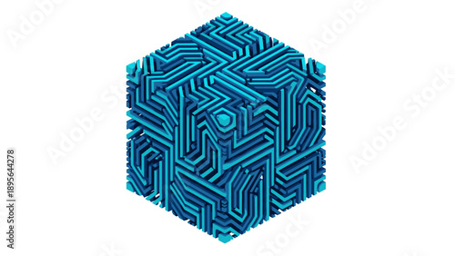 Blue Geometric Cube Pattern with Interlaced Lines and Tessellated Hexagonal Design.