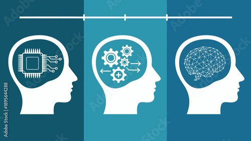 Three Silhouettes with Gear Motifs Representing Cognitive Science and Innovation.