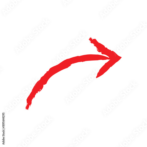 Red Hand-Drawn Arrow Illustration: Rough Sketch Style Directional Pointer with Grungy Texture and Brush Stroke Detail Isolated on White for Highlighting and Annotations