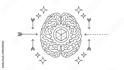 Illustration of a brain with a geometric cube and radiant arrows representing artificial intelligence and cognitive processing.