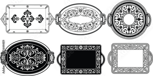 Collection of Ornate Vintage Serving Tray Silhouettes Featuring Intricate Baroque Floral Patterns and Decorative Borders for Luxury Kitchenware and Elegant Interior Design Branding,