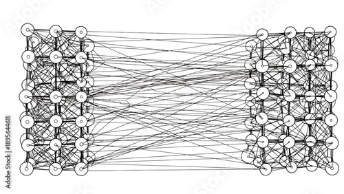 Intricate network diagram of interconnected nodes with crisscrossing connections forming a dense graph.