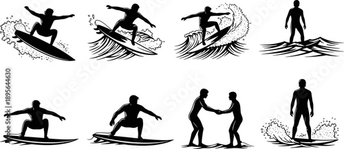 Dynamic surfer silhouettes set showing wave riding, tricks, balance and teamwork, isolated on white background, extreme water sport illustration for apparel and lifestyle design