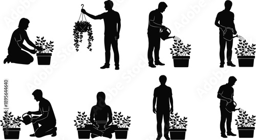 Collection of People Gardening Silhouette Vector Illustration Set, Men and Women Watering Potted Plants for Hobby Horticulture Botany Greenery and Sustainability Design Template