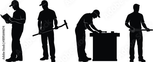 Construction worker silhouettes holding tools and working on tasks, labor crew illustration set, builder profession concept, detailed vector workforce artwork for stock
