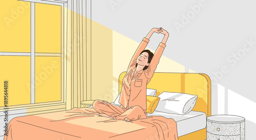 Illustration of a woman stretching in bed in the morning, waking up refreshed and starting the day