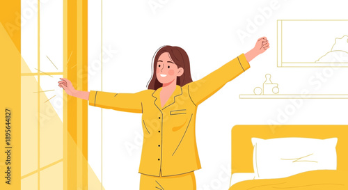 Illustration of a young woman waking up and stretching in her bedroom feeling refreshed and