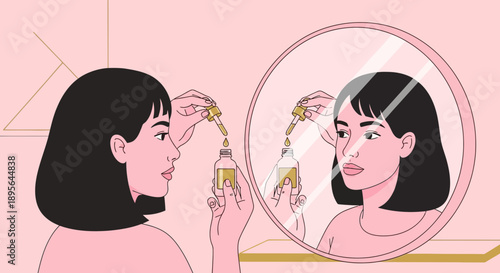 Woman applying beauty serum for her skin in front of mirror illustration art