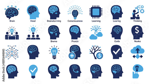Collection of blue head silhouette icons representing ideas, thinking, and learning themes for graphic design and illustration.