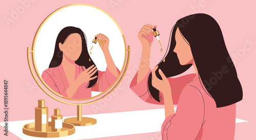 Woman applying hair serum oil reflected in round mirror for beauty treatment routine