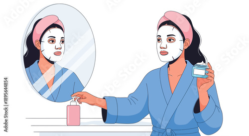 Woman in bathrobe applying facial mask and skincare products for beauty routine at home