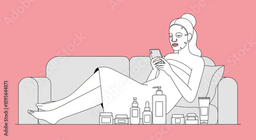Woman relaxing on the couch with face mask while using smartphone and skincare products