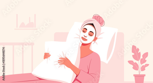 Woman relaxing with facial mask in bed, enjoying a spa day at home peacefully and comfortably with