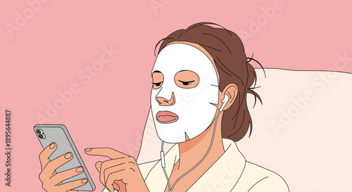Woman wearing a facial mask while using a smartphone, enjoying her self-care routine