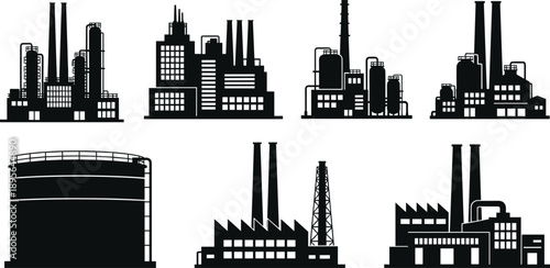 Industrial factory silhouette collection showing oil refinery, power plant, manufacturing facilities, industrial skyline icons for energy, infrastructure, pollution, and heavy industry concepts